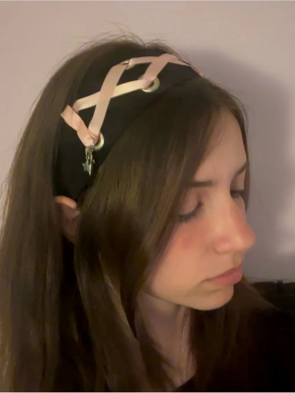 Black Headband with Pink Ribbon Lacing + Grommet Detail